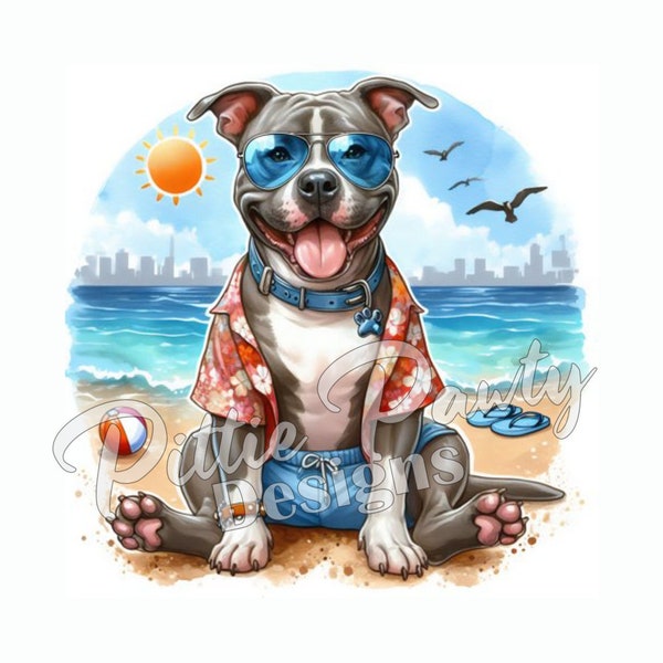 PNG Digital Download - Hawaiian Pitbull Beach Dog II - Pit bull Beach PNG Printable Art Sublimation Design for Shirt and Decal Stickers