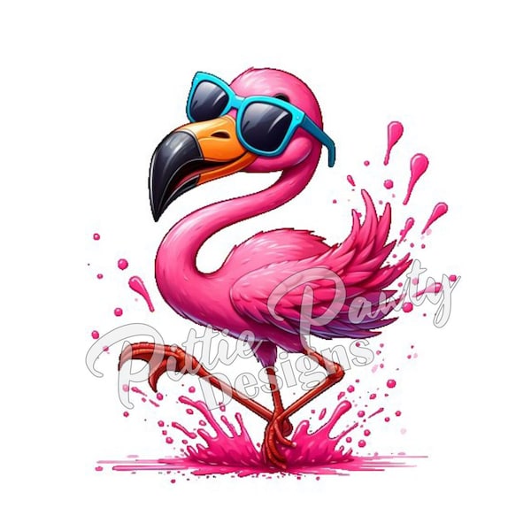 PNG Digital Download - Sassy Flamingo Splash - Tropical Beach Girl - PNG Vivid Color Art Sublimation Design for Shirt and Decal Stickers