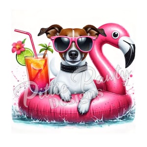 PNG Digital Download - Jack Russell Terrier na Flamingo Float II - Pies plażowy - PNG Drukowany projekt sublimacji na koszulki i naklejki
