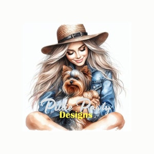 Lady Hugging Her Yorkie - Yorkshire Terrier Dog Design - Instant Download Digital PNG File Vivid Color Art Sublimation