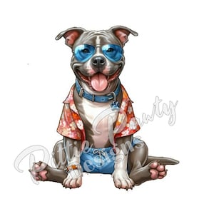 PNG Digital Download - Hawaiian Pitbull Beach Dog - Pit bull Bully PNG Vivid Color Art Image Sublimation Design for Shirt and Decal Stickers