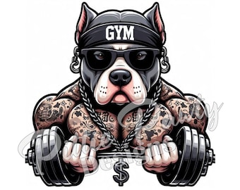Pitbull PNG Digital Download - Hip Hop Gym Pitbull Dog Lifting Weights - Pit bull Bully - PNG Sublimation Design for Shirt & Decal Stickers