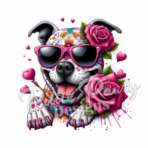 PNG Digital Download - Sugar Skull Pink Roses Pitbull Dog - Pit bull Bully Dog -  PNG Sublimation Design for Shirt and Decal Stickers