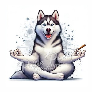 Download digitale PNG - Cane Husky in meditazione Yoga - Clipart OM - Cane PNG - Design a sublimazione per adesivi per camicia e decalcomanie