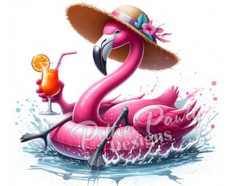 Lazy Beach Flamingo Bird on Float - PNG Digital Download - Beach Girl - PNG Vivid Color Art Sublimation Design for Shirt and Decal Stickers