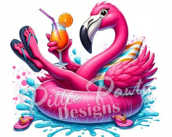 Flamingo PNG Digital Download Flip Flop Flamingo Bird on Float - Beach Girl - PNG Vivid Sublimation Design for Shirt and Decal Stickers