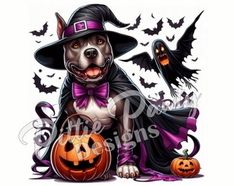 May include: A black and white pit bull dog wearing a purple-trimmed witch hat, a black cape, and a purple bow tie. The dog sits beside a carved orange jack-o'-lantern, with a flying ghost-like creature and bats in the background.