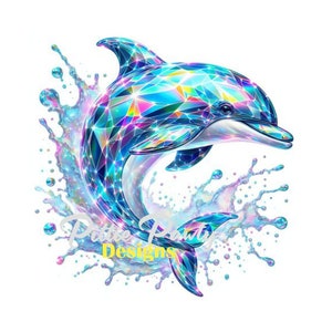 Holograficzny Kolorowy Tańczący Delfin Splash - Projekt Dziewczyny na Plaży - Natychmiastowe Pobieranie Cyfrowego Pliku PNG Żywa Kolorowa Sztuka Sublimacji