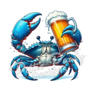 Blue Crab PNG Digital Download - Crab Holding Cold Beer I - Maryland Blue Crab PNG Printable Sublimation Design for Shirt and Decal Stickers