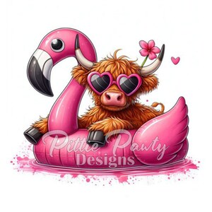 PNG Digital Download - Highland Cow on Pink Flamingo Float Splatter PNG Printable Art Sublimation Design for Shirt and Decal Stickers