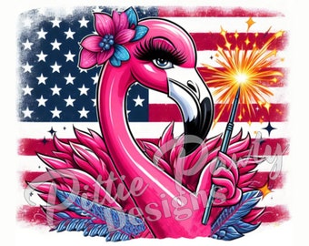 Flamingo PNG Digital Download - Fourth 4th of July Flamingo Bird w Sparkler - PNG Sublimation Printable Design for Shirt and Decal Stickers