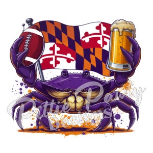 PNG Digital Download - Maryland is for Crabs, Football and Beer - Purple Crab - PNG File Art Sublimation Design for Shirt and Decal Stickers