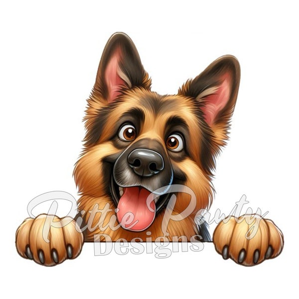 PNG Digital Download - Silly Comical Peeking German Shepherd - Dog Design - PNG Color Art Sublimation Design for Shirt and Decal Stickers