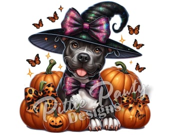 May include: A black and white pit bull dog wearing a witch hat with a purple and pink bow, surrounded by orange pumpkins with leopard print bows. The dog is smiling and has its tongue sticking out. The image has the text "Pittie Pawty Designs" on it.