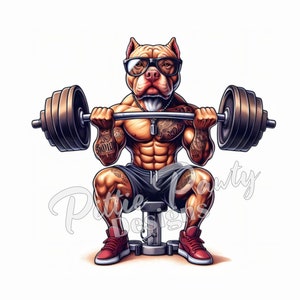 PNG Digital Download - Tattooed Pitbull Dog Glasses Weightlifter - Pit bull Bully - PNG Art Sublimation Design for Shirt and Decal Stickers