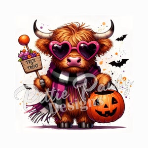 PNG Digital Download - Halloween Highland Cow Trick or Treat II - Pumpkin - PNG Printable Sublimation Design for Shirt and Decal Stickers