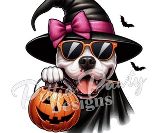 May include: A white dog wearing a black witch hat with a pink glittery bow and orange-rimmed sunglasses, holding an orange jack-o'-lantern bucket. Two small black bats fly nearby. The text Pittie Pawty Designs is overlaid on the image.