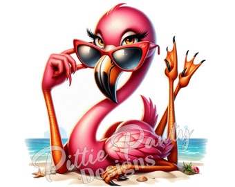 Descarga digital PNG - Flocking Fabulous Flamingo Bird Beach Girl - Diseño de sublimación de arte en color imprimible PNG para camisas y pegatinas de calcomanías