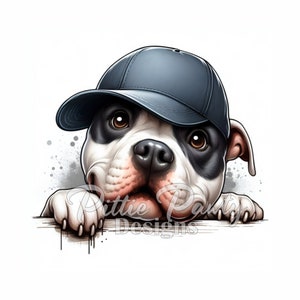 May include: A black and white pit bull terrier wearing a blue baseball cap, peeking over a white surface. The dog has a playful expression on its face.