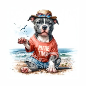 PNG Digital Download - Pittie Time Pitbull Dog Beach - Pit bull Bully PNG Vivid Color Art Sublimation  Design for Shirt and Decal Stickers