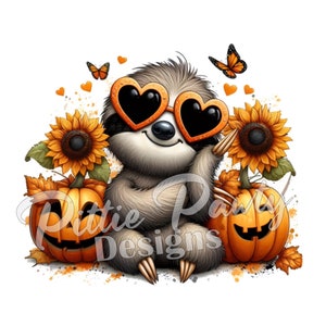 Descarga digital PNG: pereza otoñal en reposo, girasoles, calabazas. Diseño de sublimación imprimible PNG para calcomanías y camisetas.