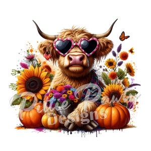 Descarga digital PNG de vaca de las Tierras Altas rodeada de girasoles y calabazas de crisantemo: diseño de sublimación imprimible PNG para calcomanías y camisetas