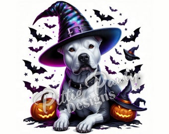 May include: A white pit bull dog wearing a black witch hat with purple and blue accents, sitting with two jack-o'-lantern pumpkins. The background features black bats and stars.