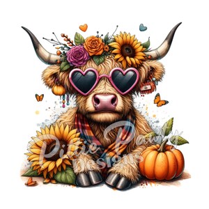 Descarga digital PNG: diadema floral con girasoles, calabazas y vacas de las tierras altas de otoño: diseño de sublimación imprimible PNG para calcomanías y camisetas