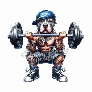 PNG Digital Download - Pitbull Dog Squatting Gym Weightlifter - Pit bull Bully - PNG Art Sublimation Design for Shirt and Decal Stickers