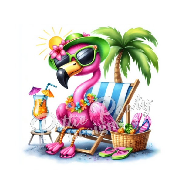 PNG Digital Download - Sassy Beach Flamingo Bird in Beach Chair - Beach Girl - PNG Printable Sublimation Design for Shirt and Decal Stickers