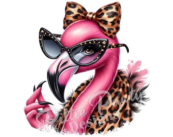 Flamingo PNG Digital Download - Flamingo Diva Bird in Leopard Print - PNG Printable Color Sublimation Design for Shirt and Decal Stickers