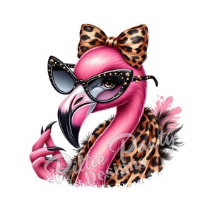 Descarga digital PNG de flamenco: pájaro flamenco diva con estampado de leopardo: diseño de sublimación de color imprimible PNG para calcomanías y camisetas