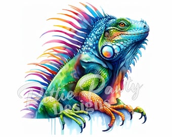 PNG Digitaler Download - Aquarell Leguan Eidechse - Lebendiges Aquarell - PNG druckbares Kunstsublimationsdesign für Shirt- und Aufkleberaufkleber