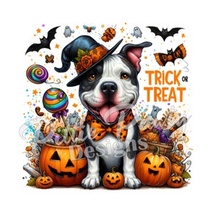 May include: A digital illustration featuring a black and white dog in a witch's hat and bow tie, surrounded by Halloween imagery. The image includes pumpkins, sweets, bats, and the words "Trick or Treat".