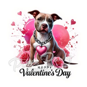 PNG Digital Download - Watercolor Valentines Day Pitbull Dog Big Pink Hearts - PNG Color Art Sublimation Design for Shirt and Decal Stickers