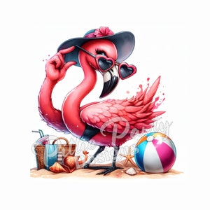 Pobieranie cyfrowe flamingów plażowych PNG - Pozowanie ptaków flamingów plażowych - Dziewczyna na plaży - Żywy projekt sublimacji PNG na koszulki i naklejki