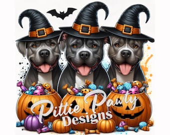 May include: Three gray pit bull dogs wearing black witch hats with orange bands, positioned behind three jack-o'-lantern pumpkins filled with colorful candies. The text Pittie Pawty Designs is written in white script across the front.