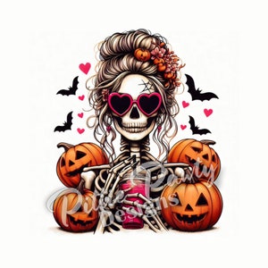 May include: A skeleton wearing pink heart-shaped sunglasses and a floral hairpiece, surrounded by pumpkins.