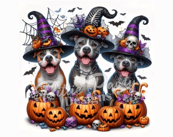Puede incluir: Tres perros con sombreros de bruja y sosteniendo cestas de maíz dulce y calabazas. Los perros llevan sombreros de bruja morados y negros con calaveras y telarañas. Las calabazas son naranjas con caras de calabaza negras. Los perros están sentados frente a un fondo blanco.