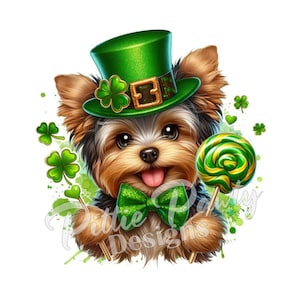 May include: A brown and tan Yorkshire Terrier wearing a green leprechaun hat with a gold buckle and a green bow tie. The dog is holding a green and gold lollipop.