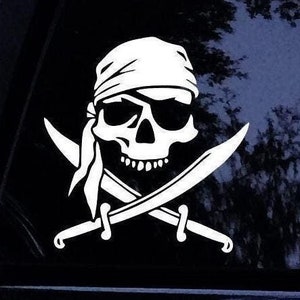 Pirate Decal - Pirate Skull w/ Bandana and Swords Silhouette Sticker - Vinyl Car Window Decal Sticker
