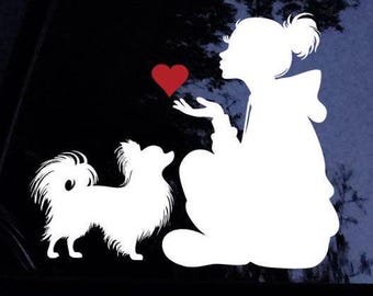 Chihuahua Decal Sticker - Hoodie Lady Loves Her Long Haired Chihuahua Dog - Kissing Hearts Dog Mom - Vinyl Car Window Decal Sticker