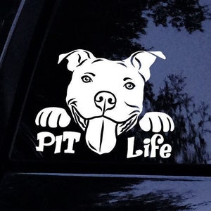Pitbull Decal - Pit Life Peeking Floppy Smiley Pitbull Mom/Dad Dog Sticker - Vinyl Car Window Decal Sticker