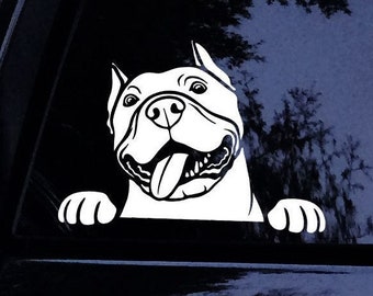Peeking Comical Crop Ear Pit Pitbull Smiling Silly Dog Sticker - w/FREE Pitbull Mom Sticker - Vinyl Car Window Decal Sticker