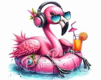 Flamingo Bird Relaxing on Float w/ Headphones - PNG Digital Download - Beach Girl - PNG Art Sublimation Design for Shirt and Decal Stickers
