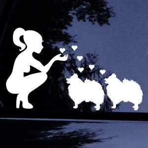Lady Loves Her Pomeranian Poms - Pom Mom Kissing Hearts Dog Sticker - Vinyl Car Window Decal Sticker