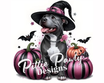 May include: A graphic illustration of a grey and white pit bull dog wearing a black witch hat with pink roses, surrounded by pink and black striped pumpkins, small bats, and stars, with the white text Pittie Pawty Designs overlaid.