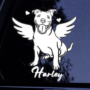 May include: A black and white silhouette of a pit bull dog with angel wings and a halo. The dog is smiling and has the name "Harley" written below it.