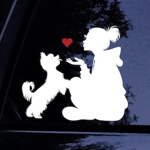 May include: A white silhouette of a person with a dog, both looking at a red heart. The person is wearing a hooded jacket and the dog is a small breed with long hair.