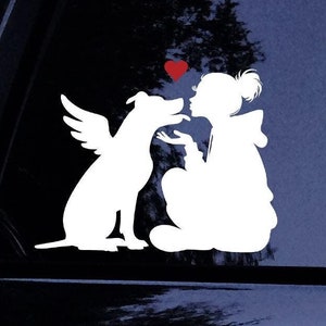 May include: White silhouette of a girl kissing a dog with angel wings. A red heart is above their heads.